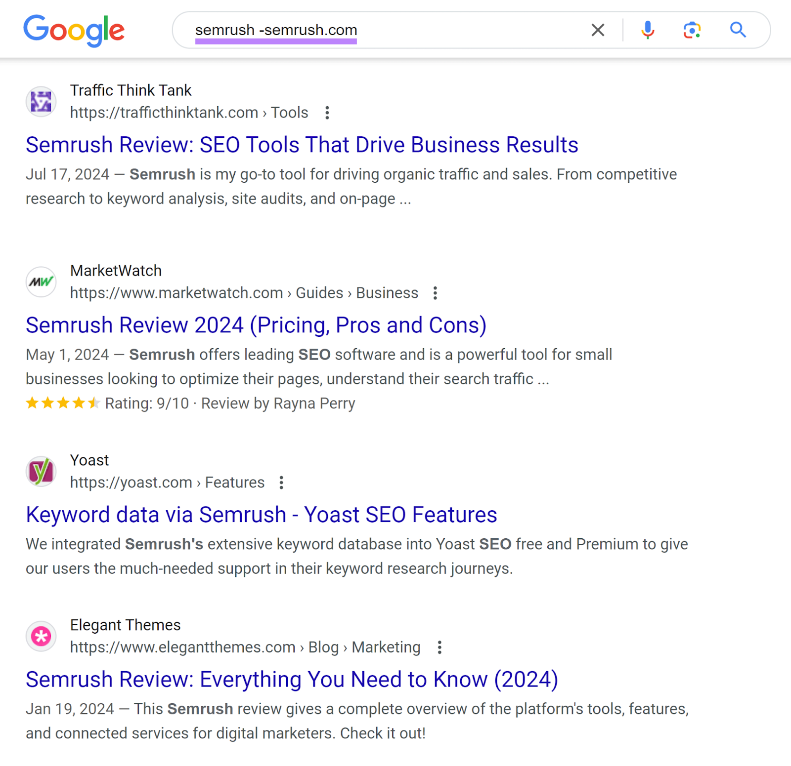 Google SERP for 'semrush -sr03.flikover.net' showing brand mentions