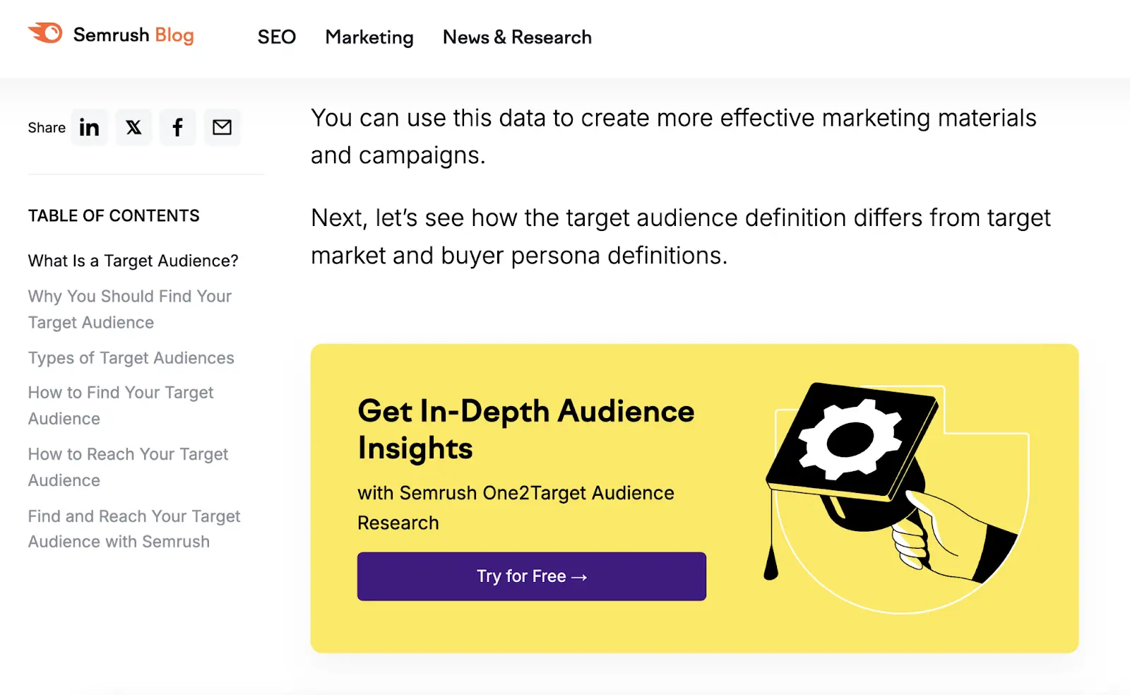 A "Try for free" CTA on an Semrush blog along with text that demonstrates the benefit of signing up to try the tool.