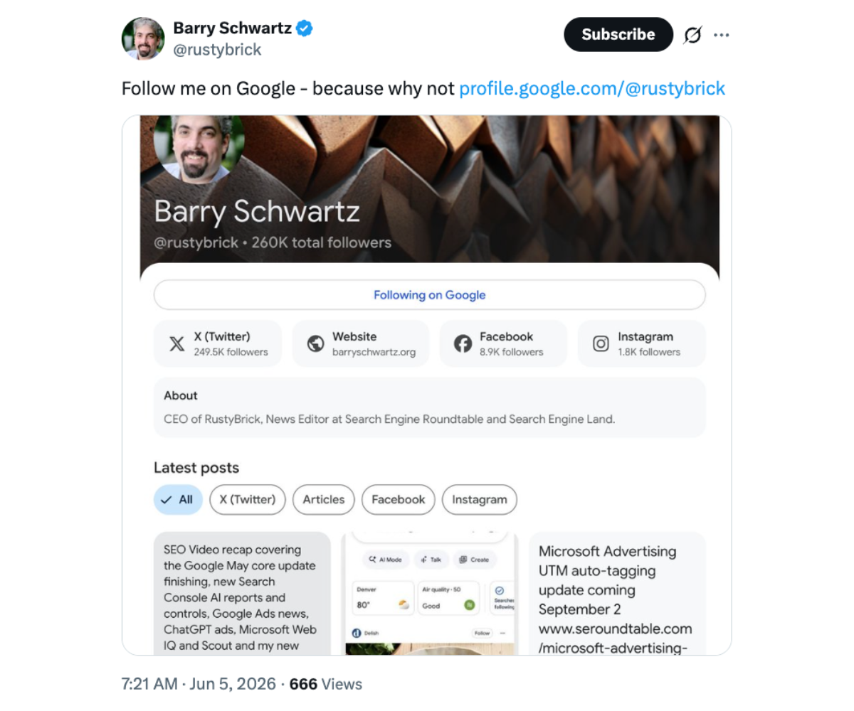 Barry Schwartz announced his own Search profile and shared the link on X.