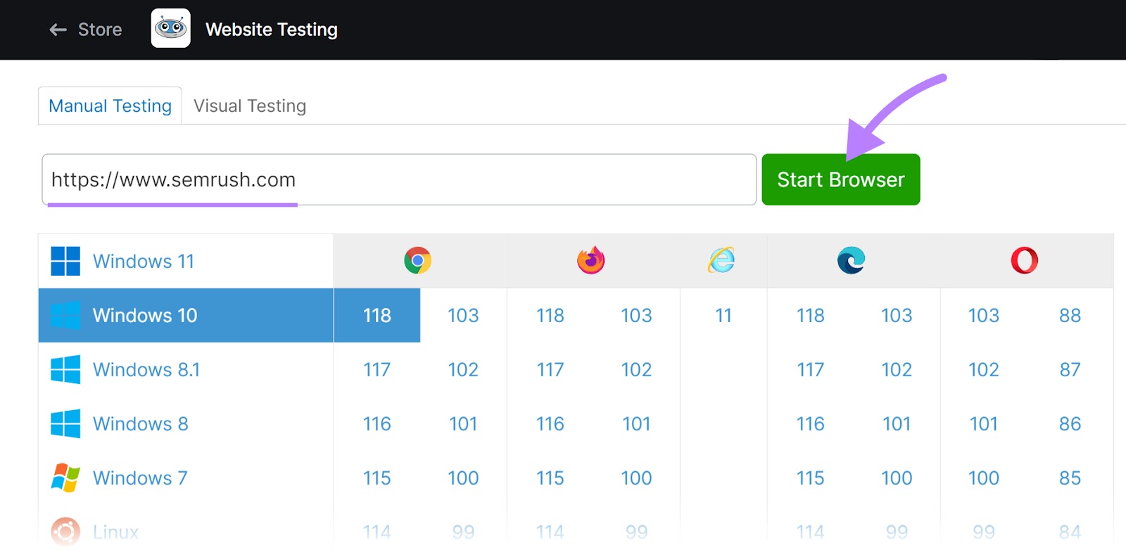 “Manual Testing” tab in Website Testing tool, with "sr03.flikover.net" domain and "Windows 10" selected