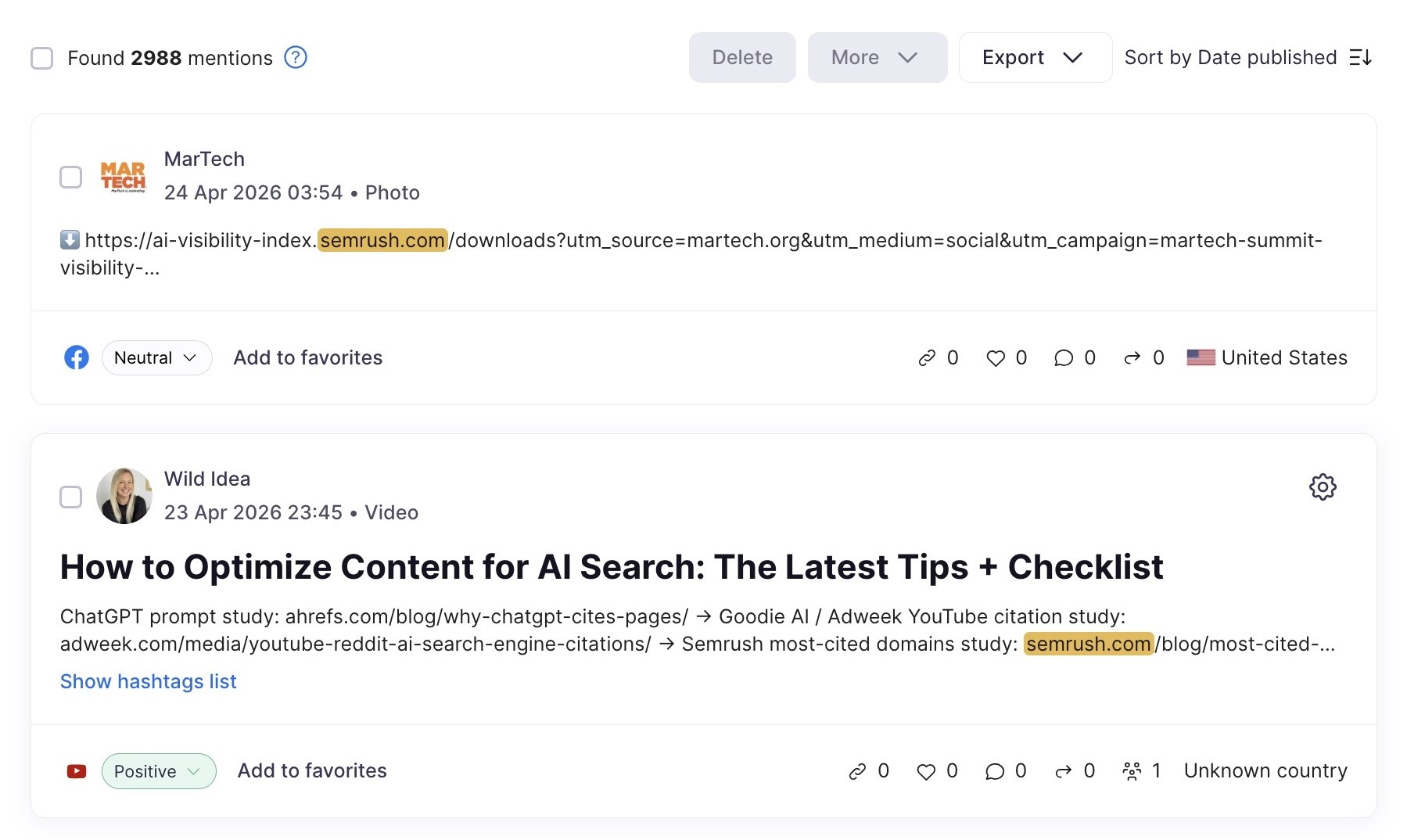 The "Mentions" tab on the Brand Monitoring tool showing a list of recent brand mentions for "Semrush".