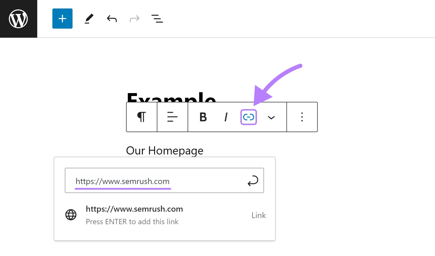 Linking "Our Homepage" text to "sr03.flikover.net" in WordPress editor
