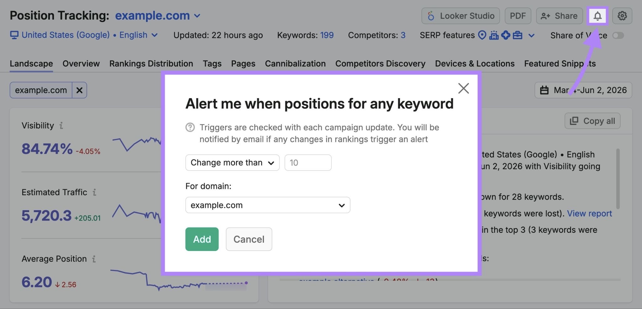 Setting a notification trigger on the Position Tracking tool with the bell icon and the settings window highlighted.