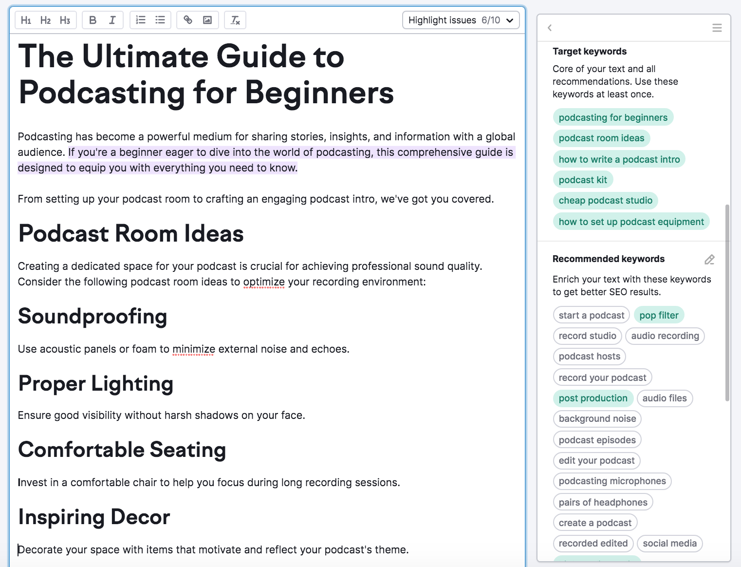 SEO Writing Assistant analysis of target keywords and keyword recommendations