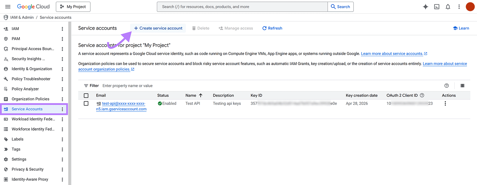 Google Cloud IAM Service Accounts page with Create Service Account button highlighted for API authentication setup