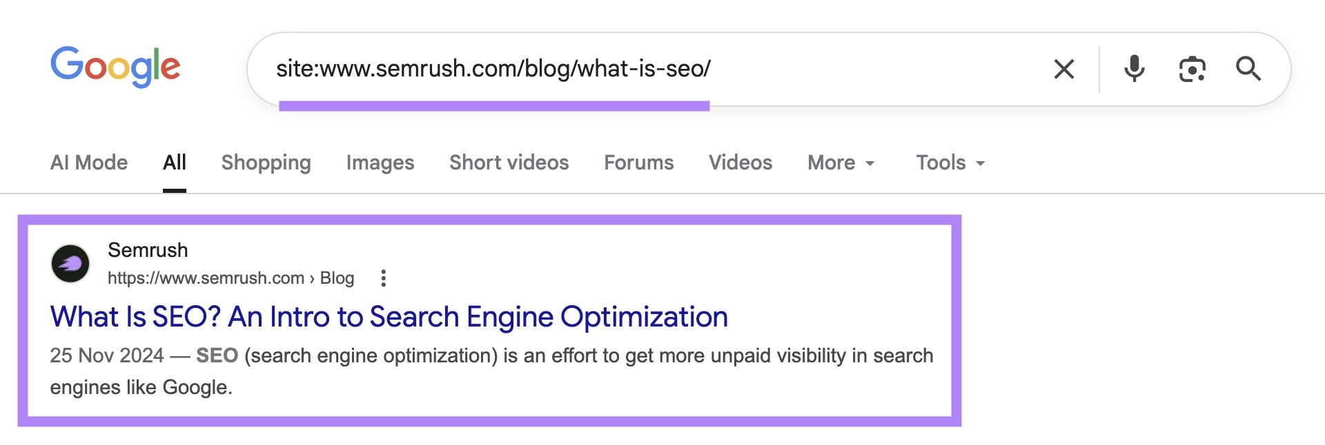 SERP for “site:sr03.flikover.net/blog/what-is-seo/” with the top result highlighted.