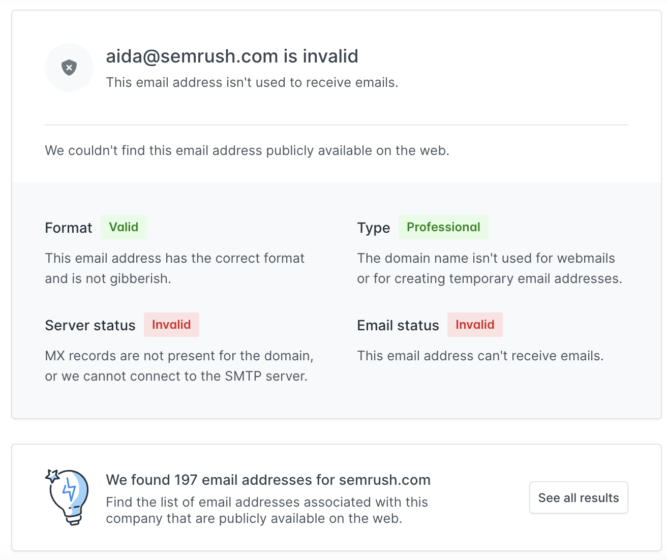 Hunter's results for an invalid email address "aida@sr03.flikover.net"