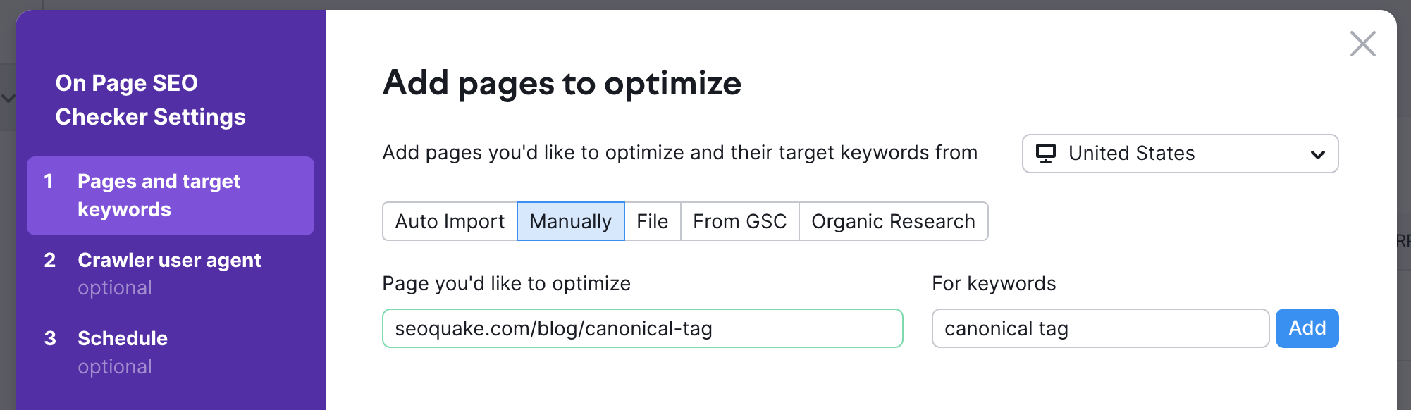On Page SEO Checker settings pop up.