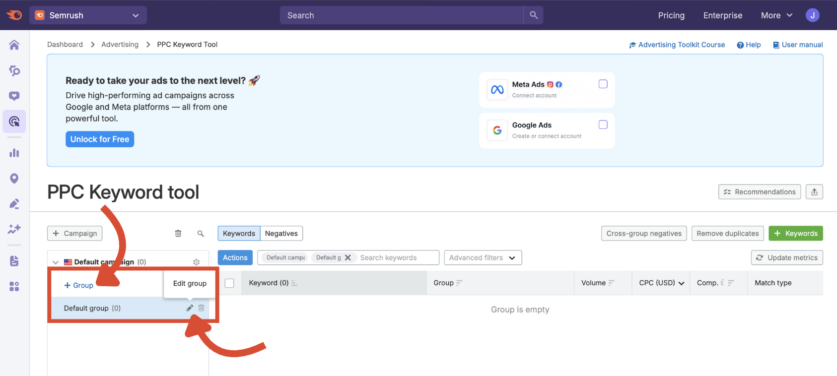 Add group button in the PPC Keyword Tool.